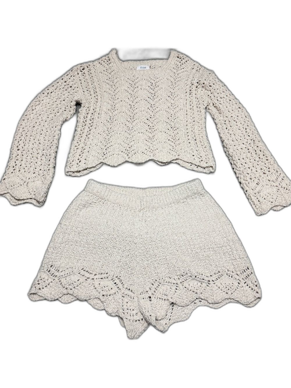 Bluivy Ivory Crochet Knit Sweater Shorts Set Boho Beach Resort Cover Up Lounge M